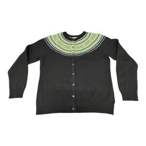 LL Bean Lamb Wool Cardigan Sweater Women's L-Reg Button Up Black Green Fair Isle